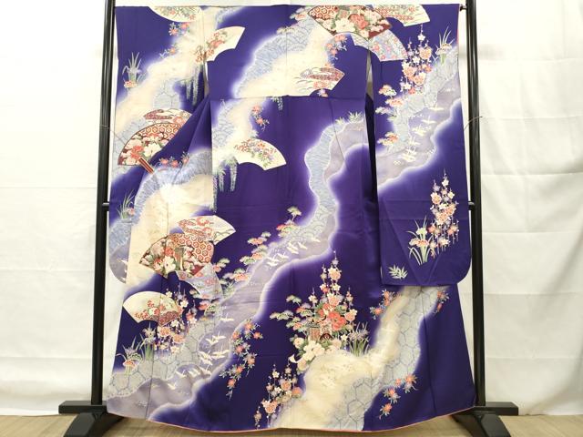 平和屋着物■豪華振袖　駒刺繍　地紙御所車花鳥文　暈し染め　金銀彩　正絹　逸品　DABH8253zy