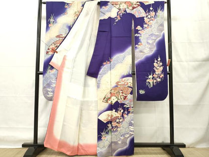 平和屋着物■豪華振袖　駒刺繍　地紙御所車花鳥文　暈し染め　金銀彩　正絹　逸品　DABH8253zy