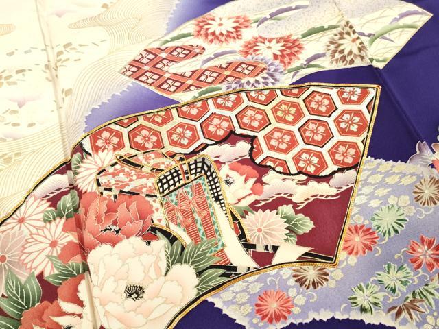 平和屋着物■豪華振袖　駒刺繍　地紙御所車花鳥文　暈し染め　金銀彩　正絹　逸品　DABH8253zy