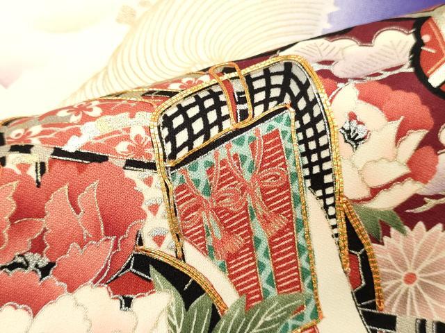 平和屋着物■豪華振袖　駒刺繍　地紙御所車花鳥文　暈し染め　金銀彩　正絹　逸品　DABH8253zy