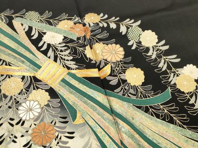 MK-1819 黒留袖 束ね熨斗 鶴 金駒刺繍 金彩 平和屋着物□豪華黒留袖 駒刺繍 束ね熨斗花文 暈し染め