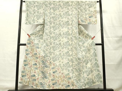 平和屋着物■訪問着　型染め　扇面草花文　鬼しぼ縮緬　正絹　逸品　DABH8263zy