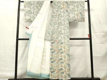 平和屋着物■訪問着　型染め　扇面草花文　鬼しぼ縮緬　正絹　逸品　DABH8263zy