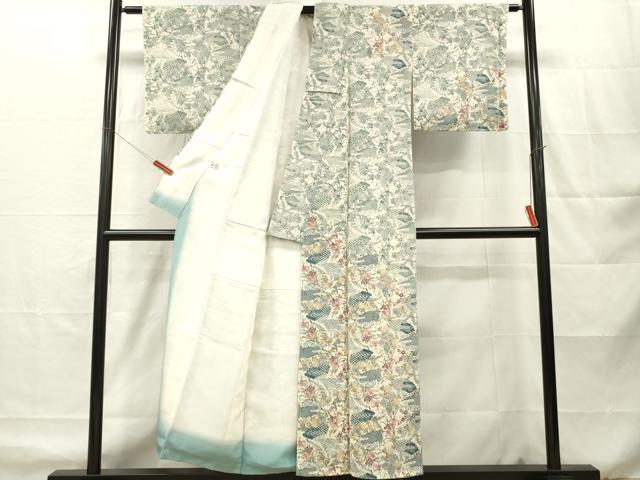 平和屋着物■訪問着　型染め　扇面草花文　鬼しぼ縮緬　正絹　逸品　DABH8263zy