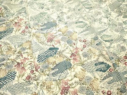 平和屋着物■訪問着　型染め　扇面草花文　鬼しぼ縮緬　正絹　逸品　DABH8263zy