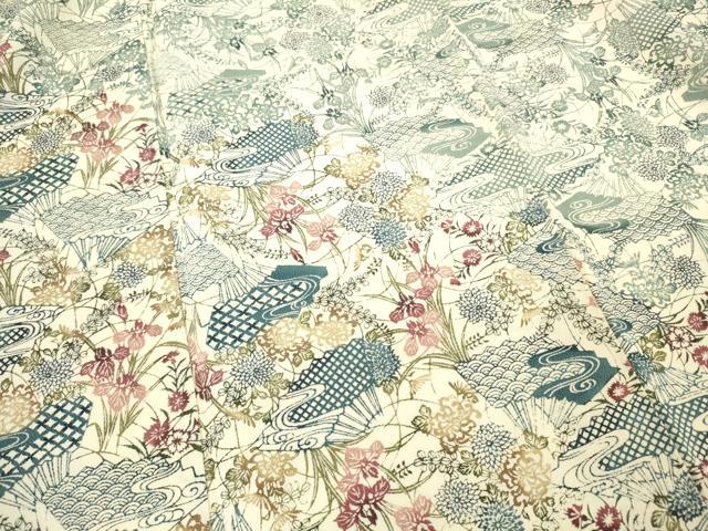 平和屋着物■訪問着　型染め　扇面草花文　鬼しぼ縮緬　正絹　逸品　DABH8263zy