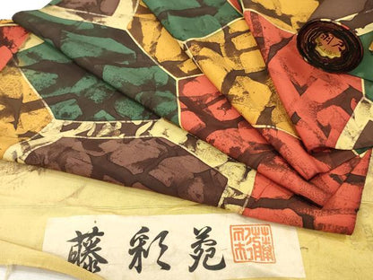 平和屋着物▼羽織・コート　反物　羽尺　ろうけつ染め　切嵌め文　藤彩苑　逸品　未使用　DABH8289zy