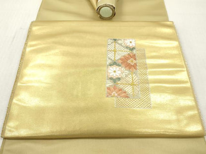 平和屋着物▼名古屋帯　帯反物　総刺繍　短冊草花文　金糸　逸品　未使用　DABH8324zy