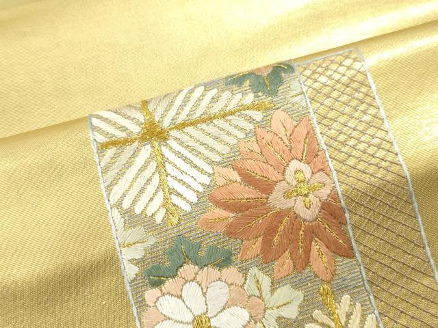 平和屋着物▼名古屋帯　帯反物　総刺繍　短冊草花文　金糸　逸品　未使用　DABH8324zy
