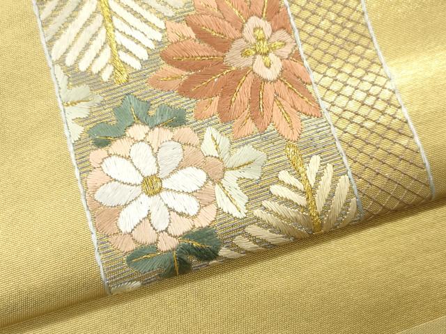 平和屋着物▼名古屋帯　帯反物　総刺繍　短冊草花文　金糸　逸品　未使用　DABH8324zy