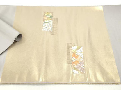 平和屋着物▼名古屋帯　帯反物　総刺繍　短冊草花文　金糸　逸品　未使用　DABH8325zy