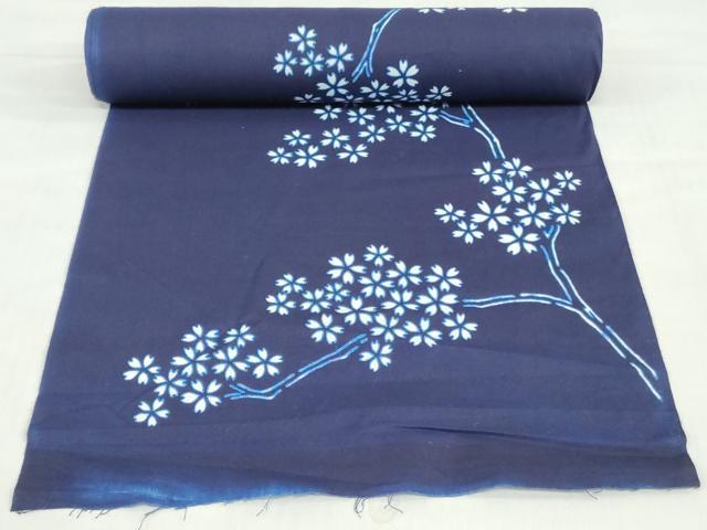 平和屋着物＊夏物　浴衣　反物　着尺　注染　枝桜文　高島屋扱い　綿　逸品　未使用　DABH8364zy