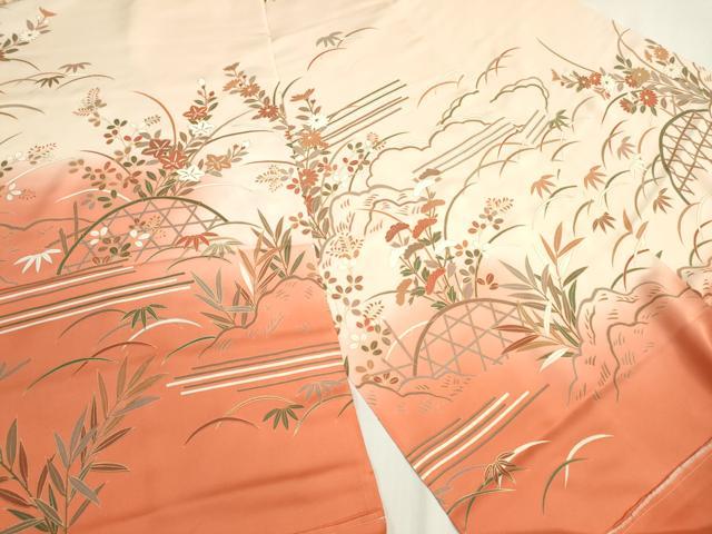 平和屋着物▼付下げ　解き反物　着尺　籬草花文　暈し染め　金彩　逸品　DABH8394zy