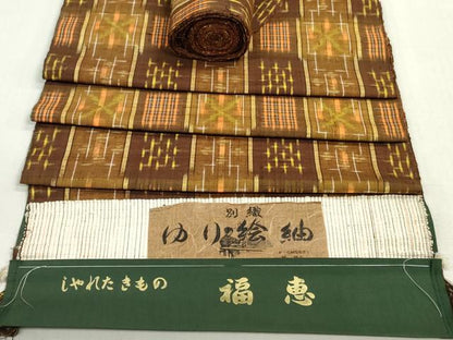 平和屋着物▼ゆり絵紬　反物　着尺　絣間道　証紙付き　逸品　未使用　DABH8422zy