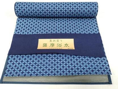 平和屋着物＊夏物　男性　薩摩浴衣　反物　着尺　注染　裏柄変り　幾何学文　縞　証紙付き　キングサイズ　綿　逸品　未使用　DABH8444zy