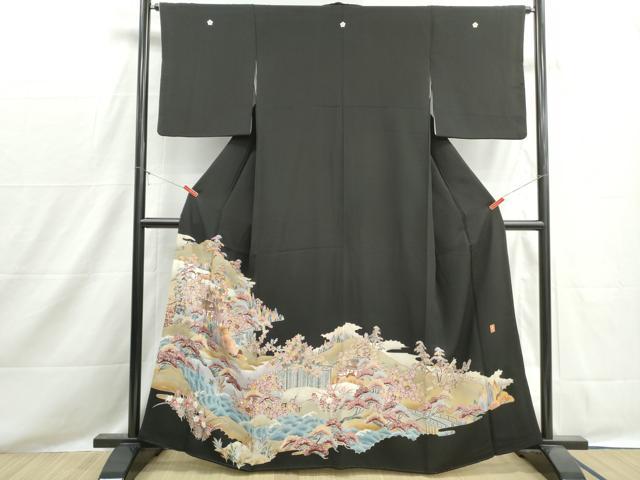 平和屋着物■豪華黒留袖　作家物　型染め　浜松風景文　金彩　正絹　逸品　DABH8527qa