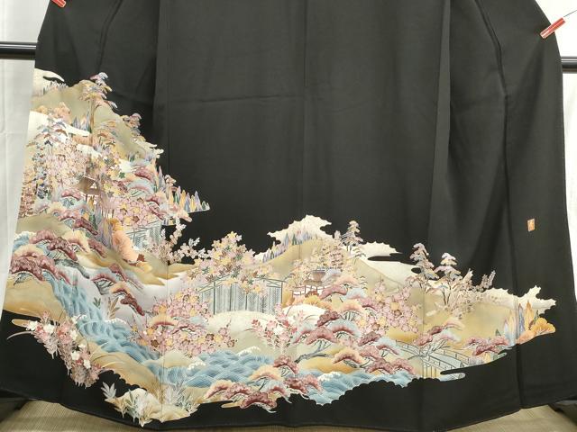 平和屋着物■豪華黒留袖　作家物　型染め　浜松風景文　金彩　正絹　逸品　DABH8527qa