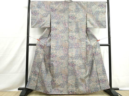 平和屋着物■本場染大島紬　切嵌更紗花文　正絹　逸品　DABH8548qa