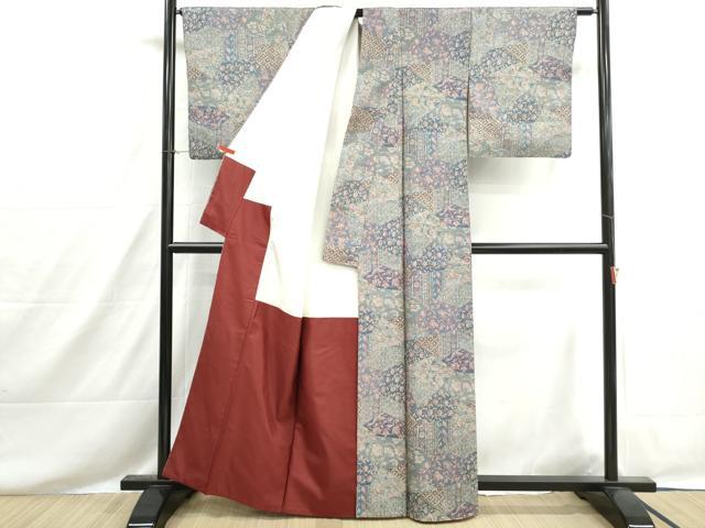 平和屋着物■本場染大島紬　切嵌更紗花文　正絹　逸品　DABH8548qa