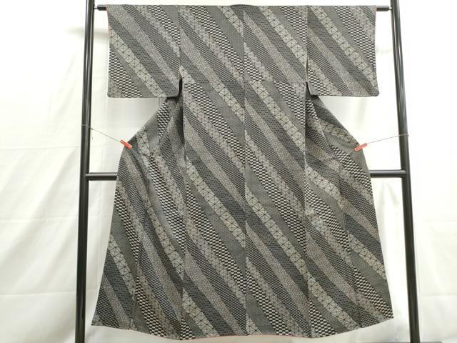 平和屋着物■上質な小紋　抽象斜縞文　黒地　正絹　逸品　DABH8565qa