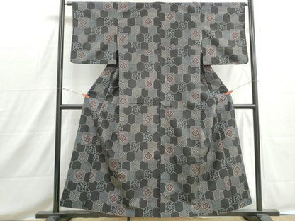 平和屋着物■上質な紬　亀甲花文　黒地　正絹　逸品　DABH8584qa