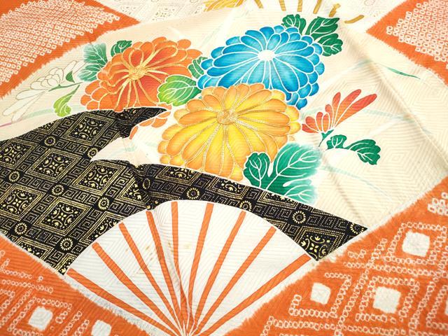 平和屋着物■豪華振袖　駒刺繍　絞り　扇面花松文　金彩　正絹　逸品　DABH8592qa