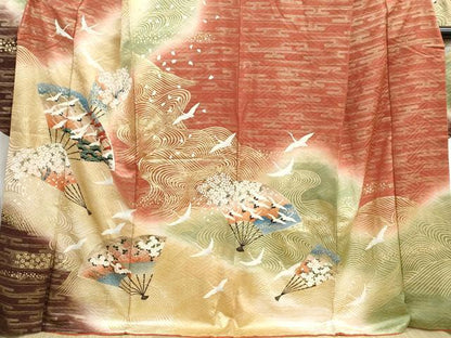平和屋着物■豪華振袖　扇面群鶴花文　暈し染め　金彩　正絹　逸品　DABH8611qa