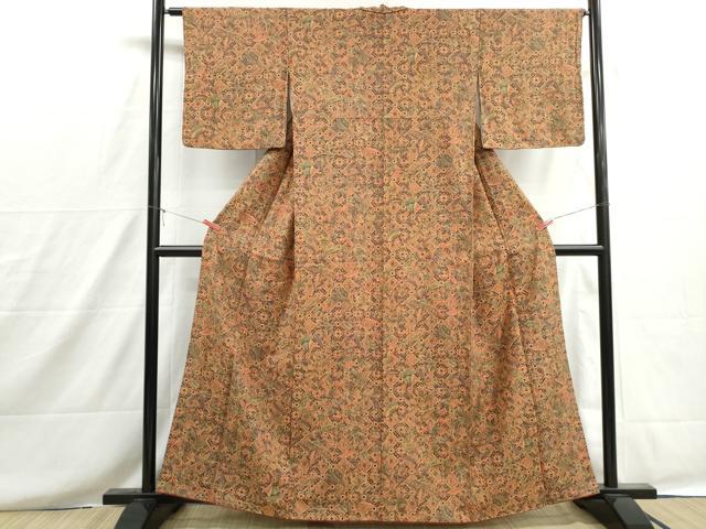 平和屋着物■上質な小紋　紬地　更紗花文　正絹　逸品　DABH8634qa