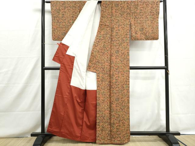 平和屋着物■上質な小紋　紬地　更紗花文　正絹　逸品　DABH8634qa