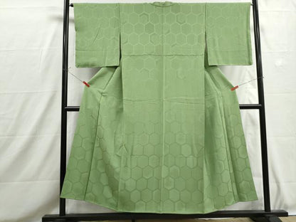 平和屋着物■上質な色無地　亀甲地紋　柳色　正絹　逸品　DABH8704qa
