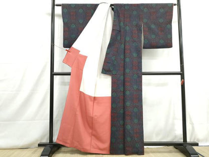 平和屋着物■上質なお召　抽象花文　正絹　逸品　DABH8732qa