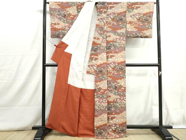 平和屋着物■上質な小紋　エ霞花鳥文　金彩　鬼しぼ縮緬　正絹　逸品　DABH8760qa