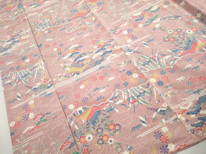平和屋着物■上質な小紋　風景花文　松竹梅　鬼しぼ縮緬　正絹　逸品　DABH8789qa