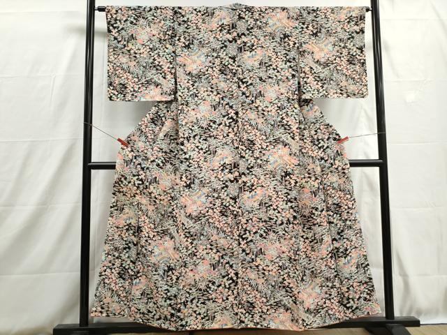 平和屋着物■上質な小紋　風景花文　松竹梅　黒地　正絹　逸品　DABH8813qa