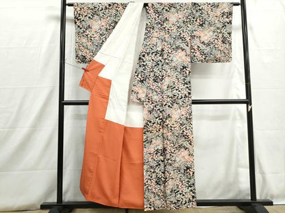 平和屋着物■上質な小紋　風景花文　松竹梅　黒地　正絹　逸品　DABH8813qa