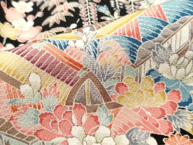 平和屋着物■上質な小紋　風景花文　松竹梅　黒地　正絹　逸品　DABH8813qa