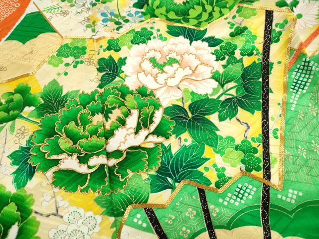 平和屋着物■豪華振袖　駒刺繍　絞り　扇面草花文　牡丹　金彩　正絹　逸品　DABH8866qa