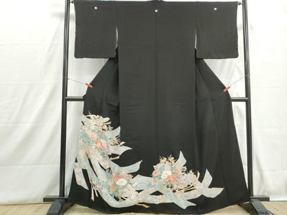 平和屋着物■豪華黒留袖　刺繍　扇面花熨斗文　牡丹　金彩　正絹　逸品　DABH8881qa