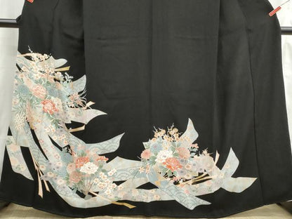 平和屋着物■豪華黒留袖　刺繍　扇面花熨斗文　牡丹　金彩　正絹　逸品　DABH8881qa