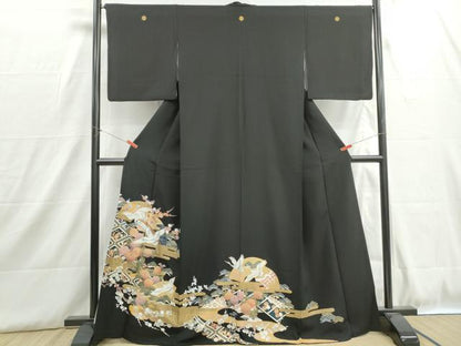平和屋着物■豪華黒留袖　地紙飛鶴渡橋花文　金彩　正絹　逸品　DABH8894qa