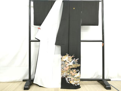 平和屋着物■豪華黒留袖　地紙飛鶴渡橋花文　金彩　正絹　逸品　DABH8894qa