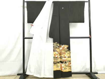 平和屋着物■豪黒留袖　扇面飛鶴花松文　船　金銀彩　正絹　逸品　DABH8895qa