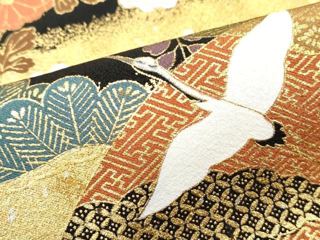 平和屋着物■豪黒留袖　扇面飛鶴花松文　船　金銀彩　正絹　逸品　DABH8895qa