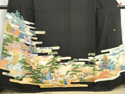 平和屋着物■豪華黒留袖　作家物　人物渡橋風景文　金銀彩　正絹　逸品　DABH8900qa