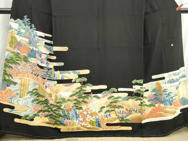 平和屋着物■豪華黒留袖　作家物　人物渡橋風景文　金銀彩　正絹　逸品　DABH8900qa