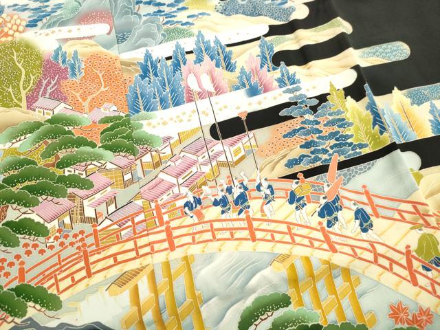 平和屋着物■豪華黒留袖　作家物　人物渡橋風景文　金銀彩　正絹　逸品　DABH8900qa