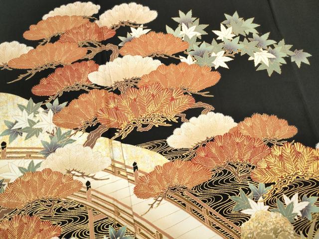平和屋着物■豪華黒留袖　渡橋浜松文　金銀彩　正絹　逸品　DABH8928qa