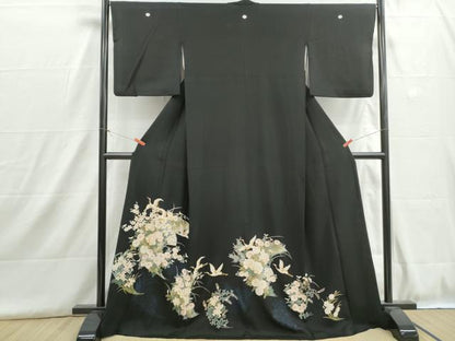 平和屋着物■豪華黒留袖　駒刺繍　扇面群鶴花文　牡丹　暈し染め　金彩　ロング丈　正絹　逸品　DABH8933qa