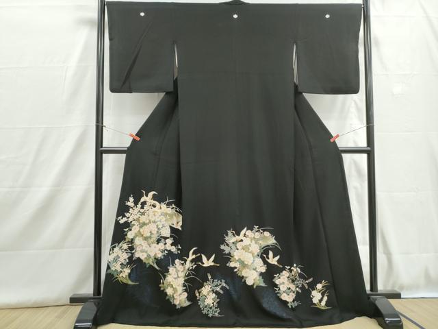 平和屋着物■豪華黒留袖　駒刺繍　扇面群鶴花文　牡丹　暈し染め　金彩　ロング丈　正絹　逸品　DABH8933qa