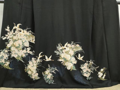 平和屋着物■豪華黒留袖　駒刺繍　扇面群鶴花文　牡丹　暈し染め　金彩　ロング丈　正絹　逸品　DABH8933qa